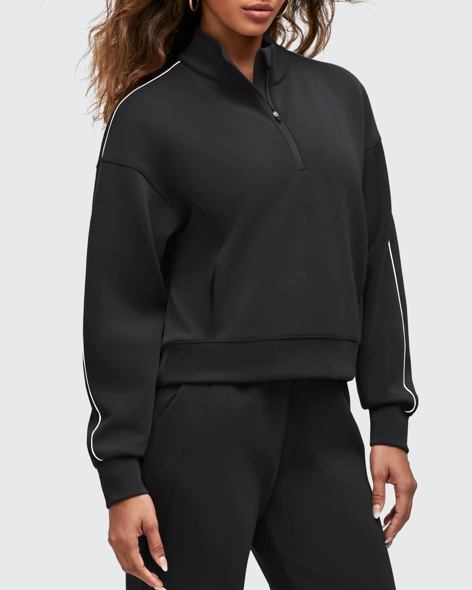 G4Free - Smoofit Half-Zip White Piping Mock Neck Pullover Sweatshirts -GF25F557AF-XS