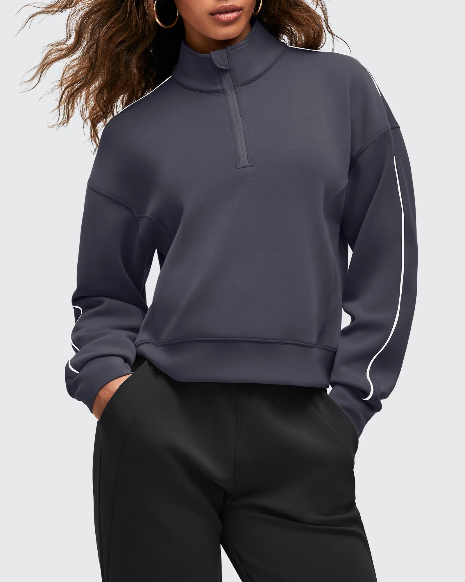 G4Free - Smoofit Half-Zip White Piping Mock Neck Pullover Sweatshirts -GF25F557AF-XS