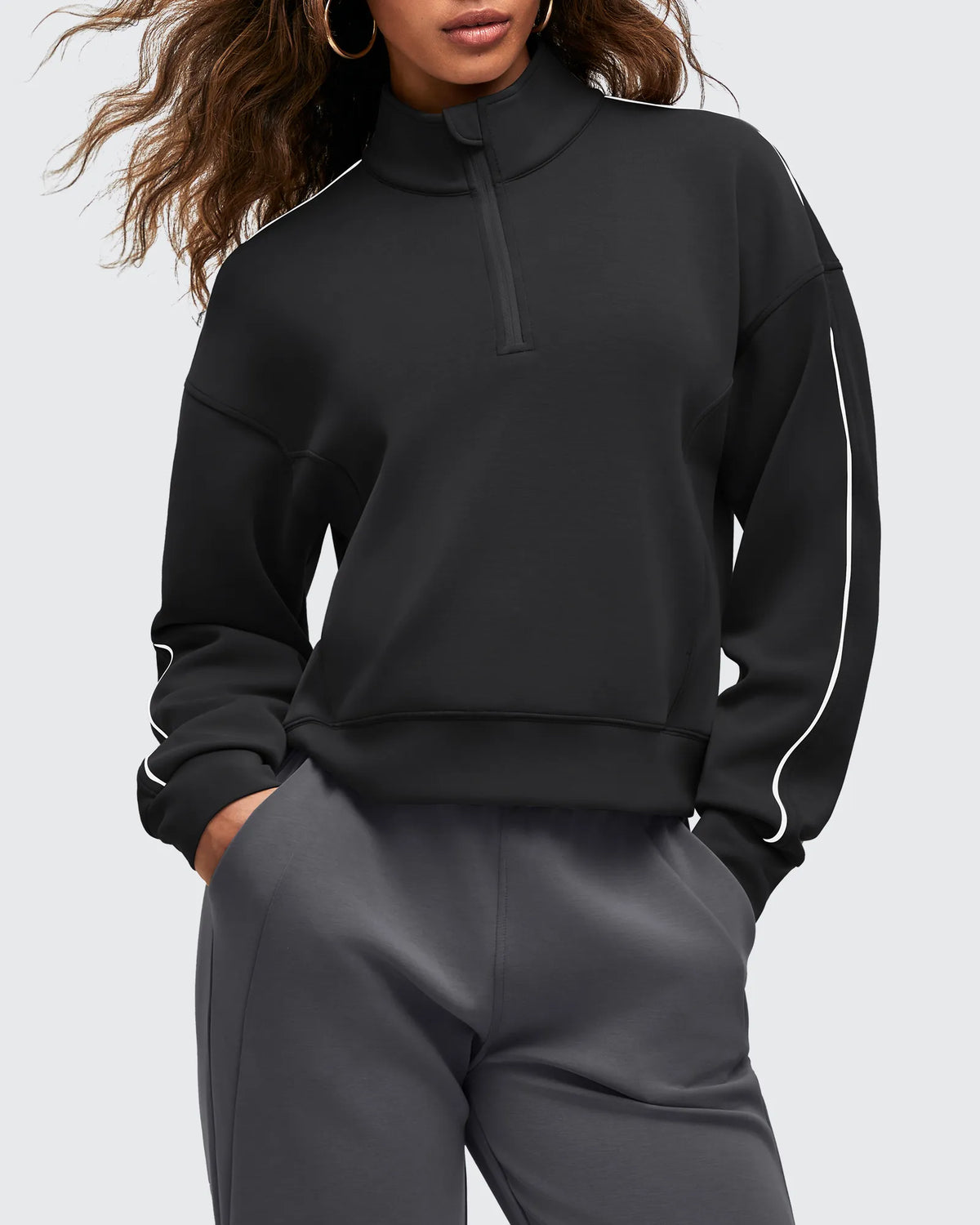 G4Free - Smoofit Half-Zip White Piping Mock Neck Pullover Sweatshirts -GF25F557AF-XS