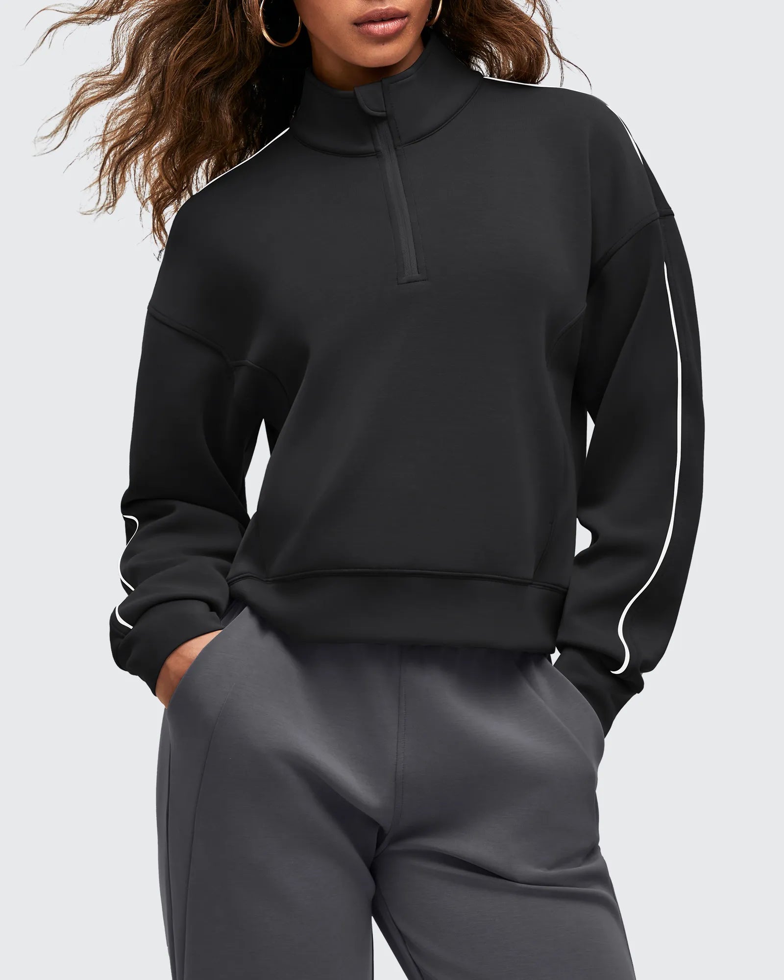 G4Free - Smoofit Half-Zip White Piping Mock Neck Pullover Sweatshirts -GF25F557AF-XS