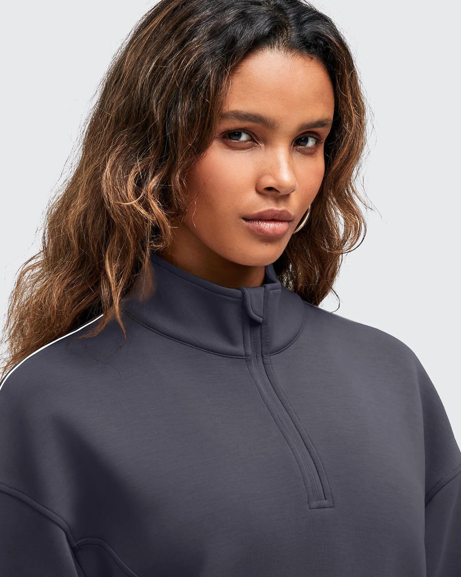 G4Free - Smoofit Half-Zip White Piping Mock Neck Pullover Sweatshirts -GF25F557AF-XS