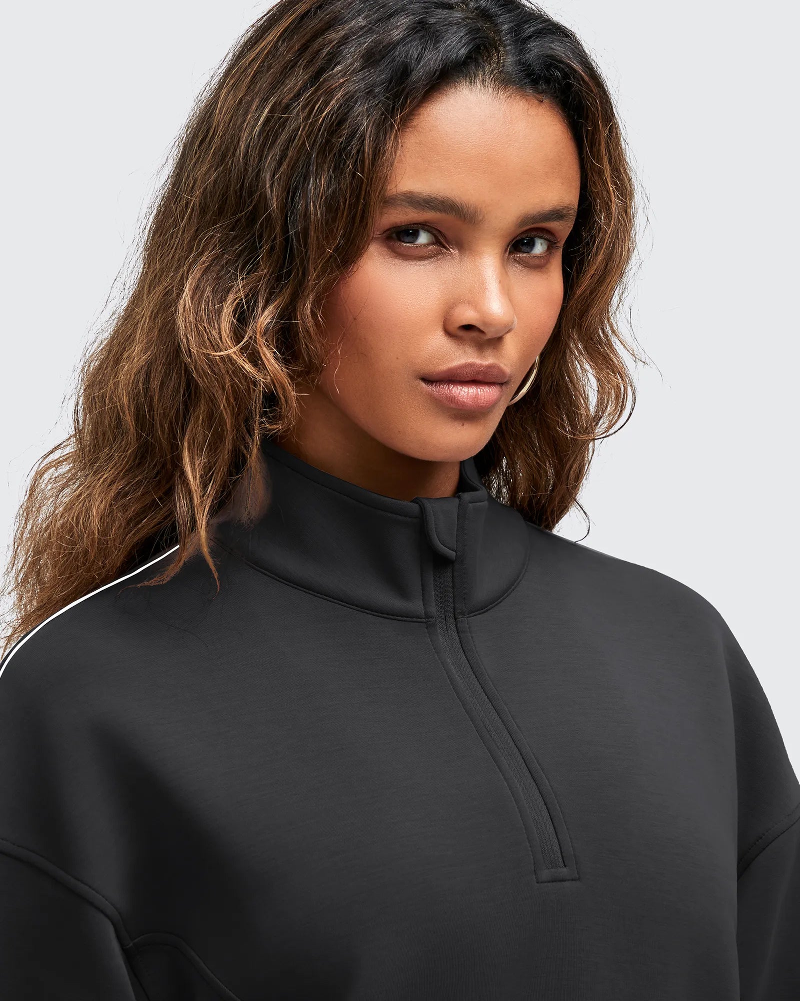 G4Free - Smoofit Half-Zip White Piping Mock Neck Pullover Sweatshirts -GF25F557AF-XS