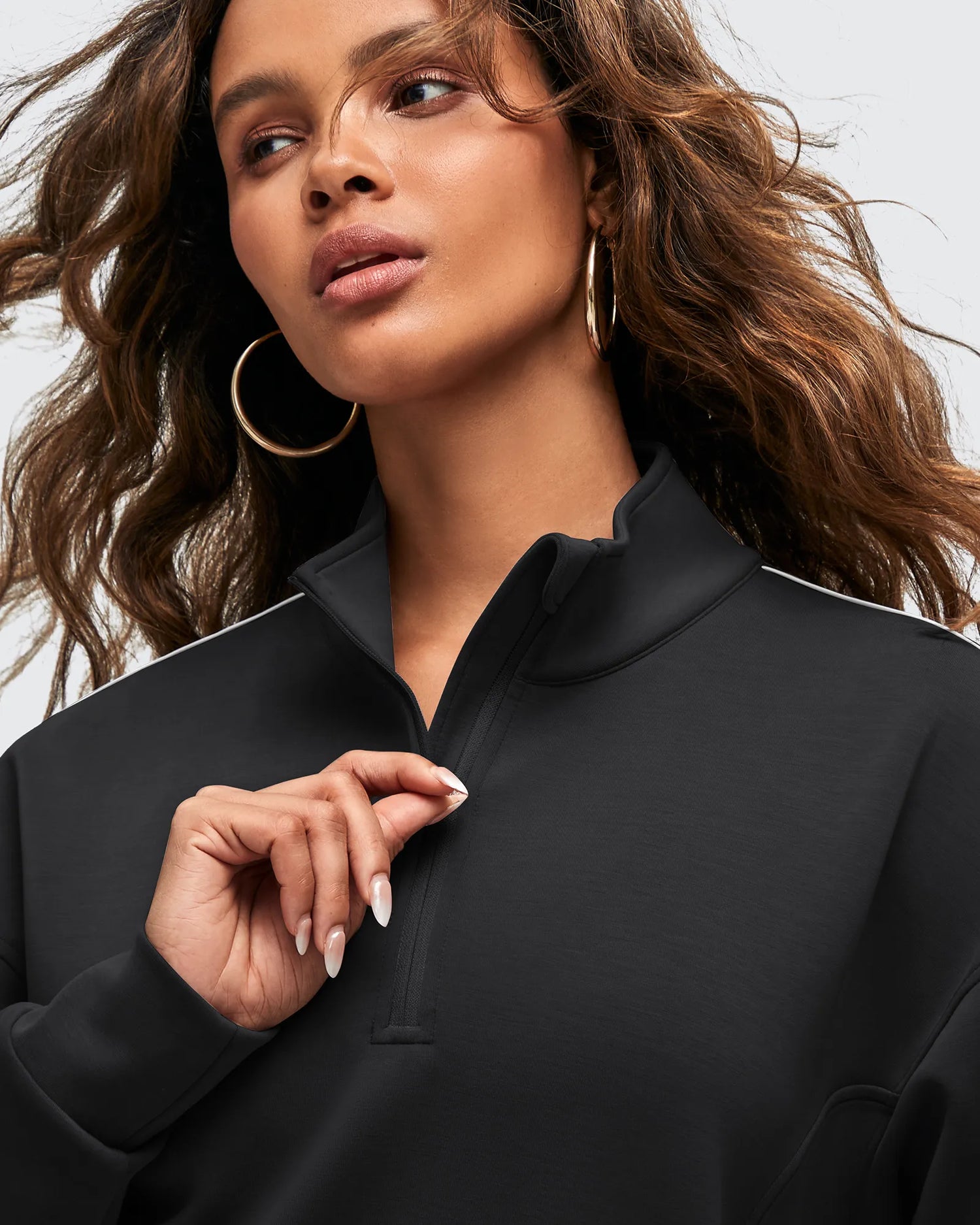 G4Free - Smoofit Half-Zip White Piping Mock Neck Pullover Sweatshirts -GF25F557AF-XS