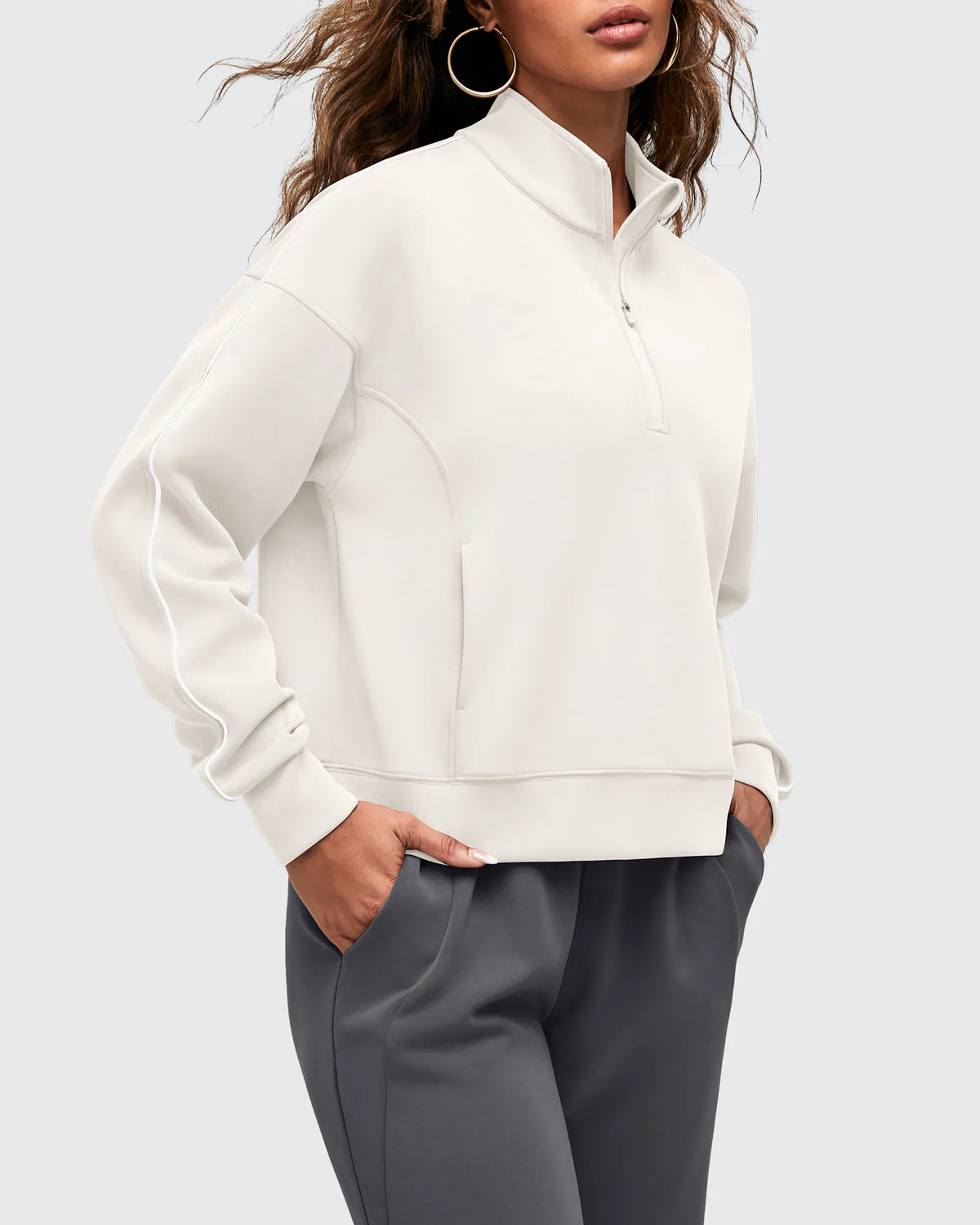G4Free - Smoofit Half-Zip White Piping Mock Neck Pullover Sweatshirts -GF25F557BF-XS