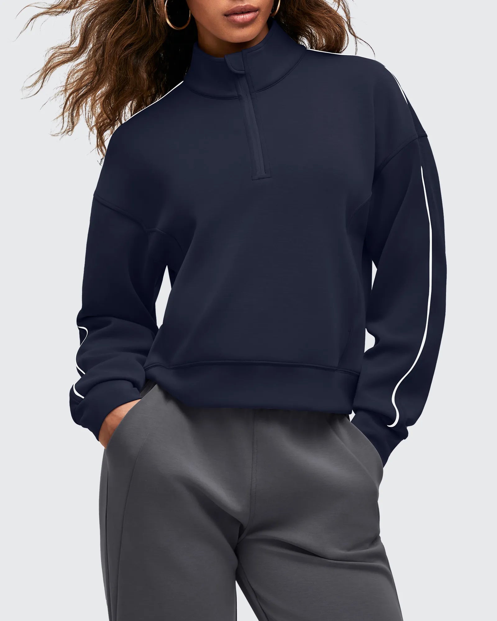 G4Free - Smoofit Half-Zip White Piping Mock Neck Pullover Sweatshirts -GF25F557CF-XS
