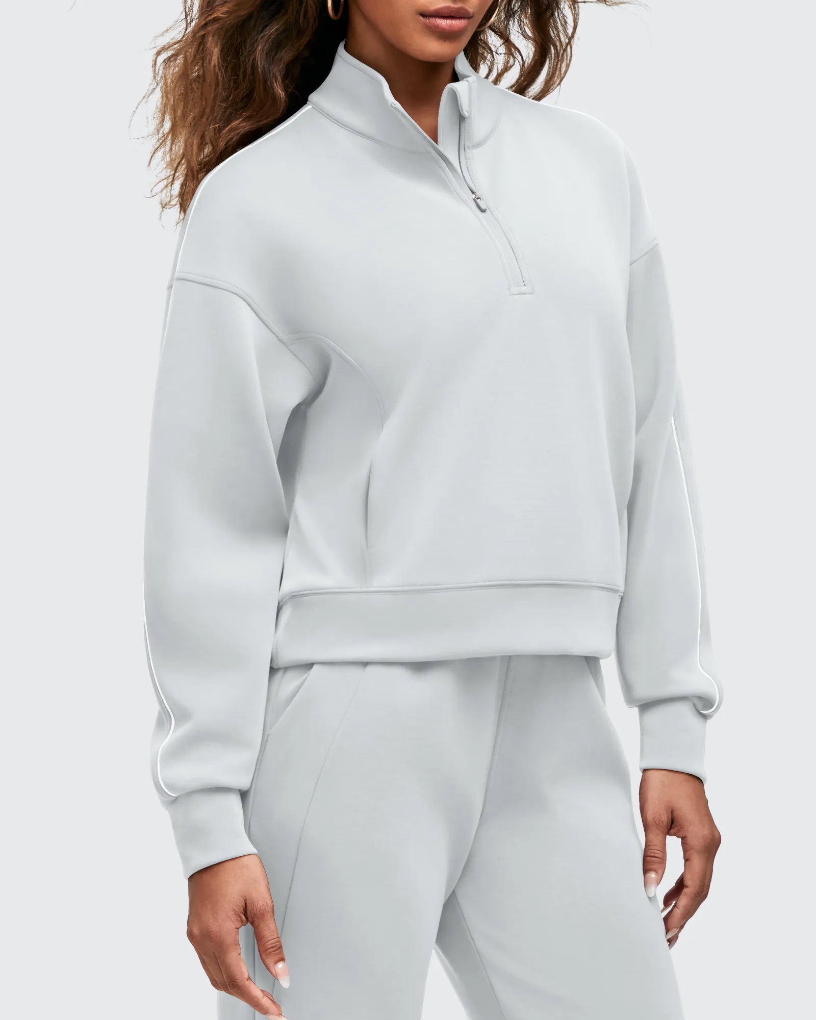 G4Free - Smoofit Half-Zip White Piping Mock Neck Pullover Sweatshirts -GF25F557FF-XS