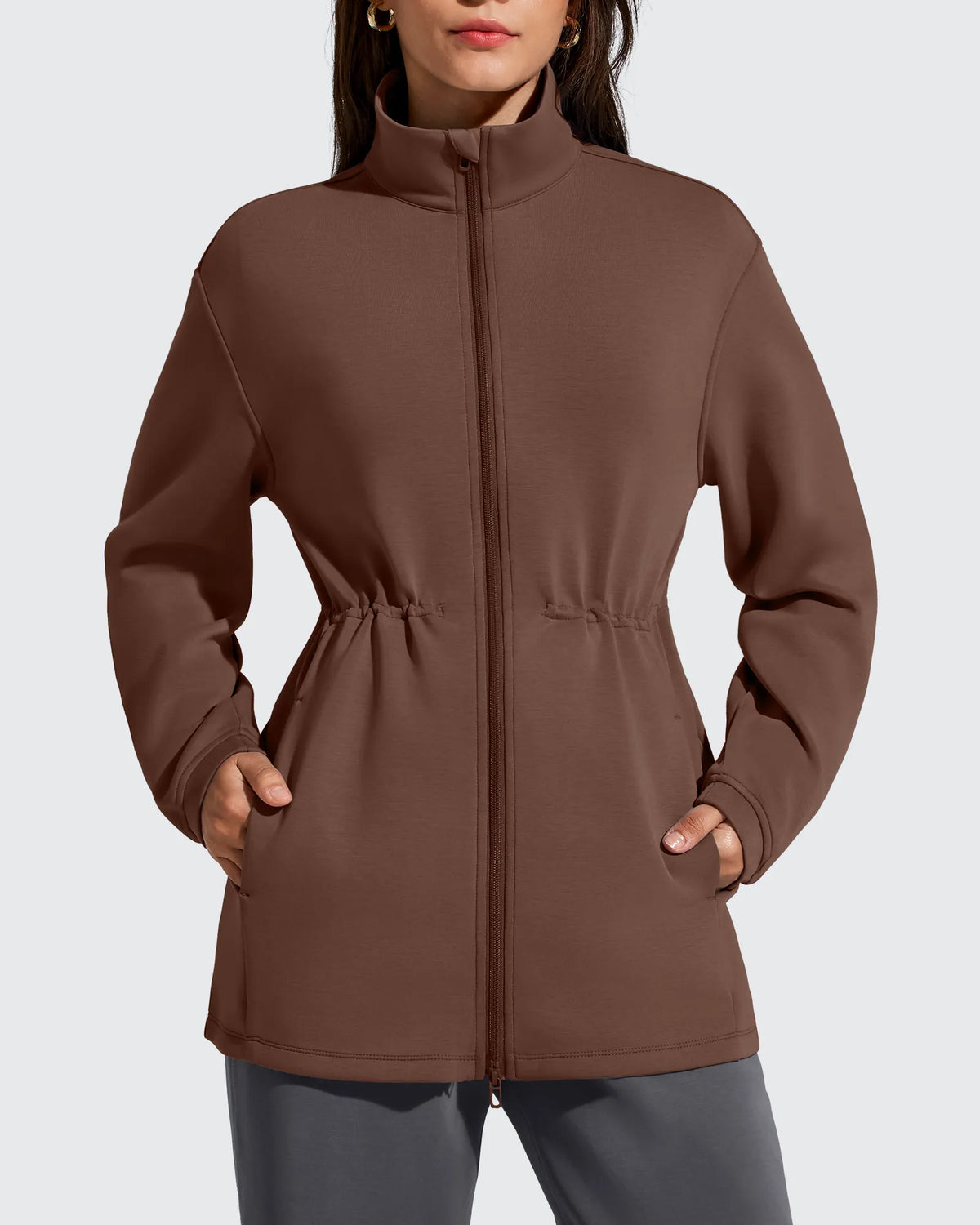 G4Free - Smoofit Zip Up Pockets Long Cinch Waist Jackets -GF25M738DA-S