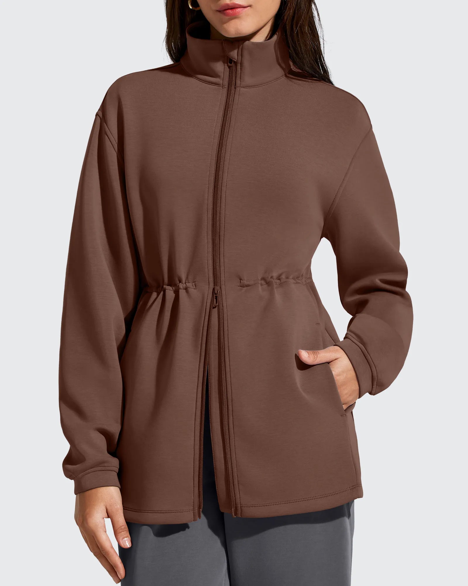 G4Free - Smoofit Zip Up Pockets Long Cinch Waist Jackets -GF25M738DA-S