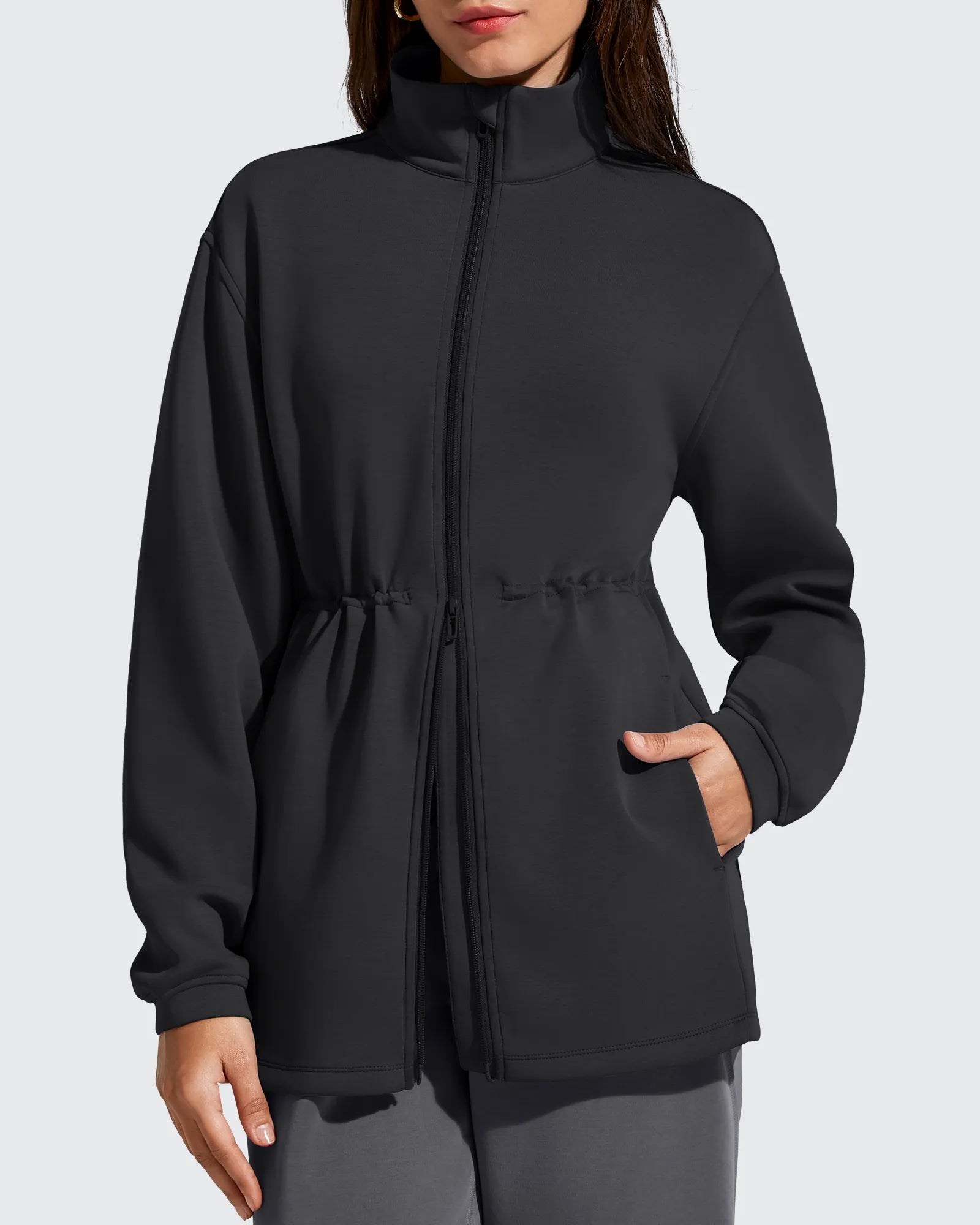 G4Free - Smoofit Zip Up Pockets Long Cinch Waist Jackets -GF25M738DA-S