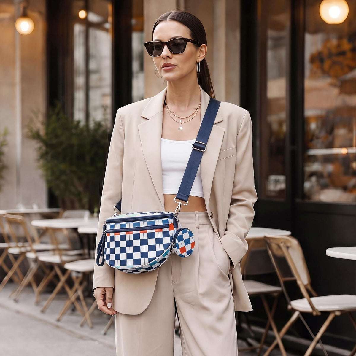 G4Free Checkered Crossbody Bum Bag with Removable Pouch Lightweight
