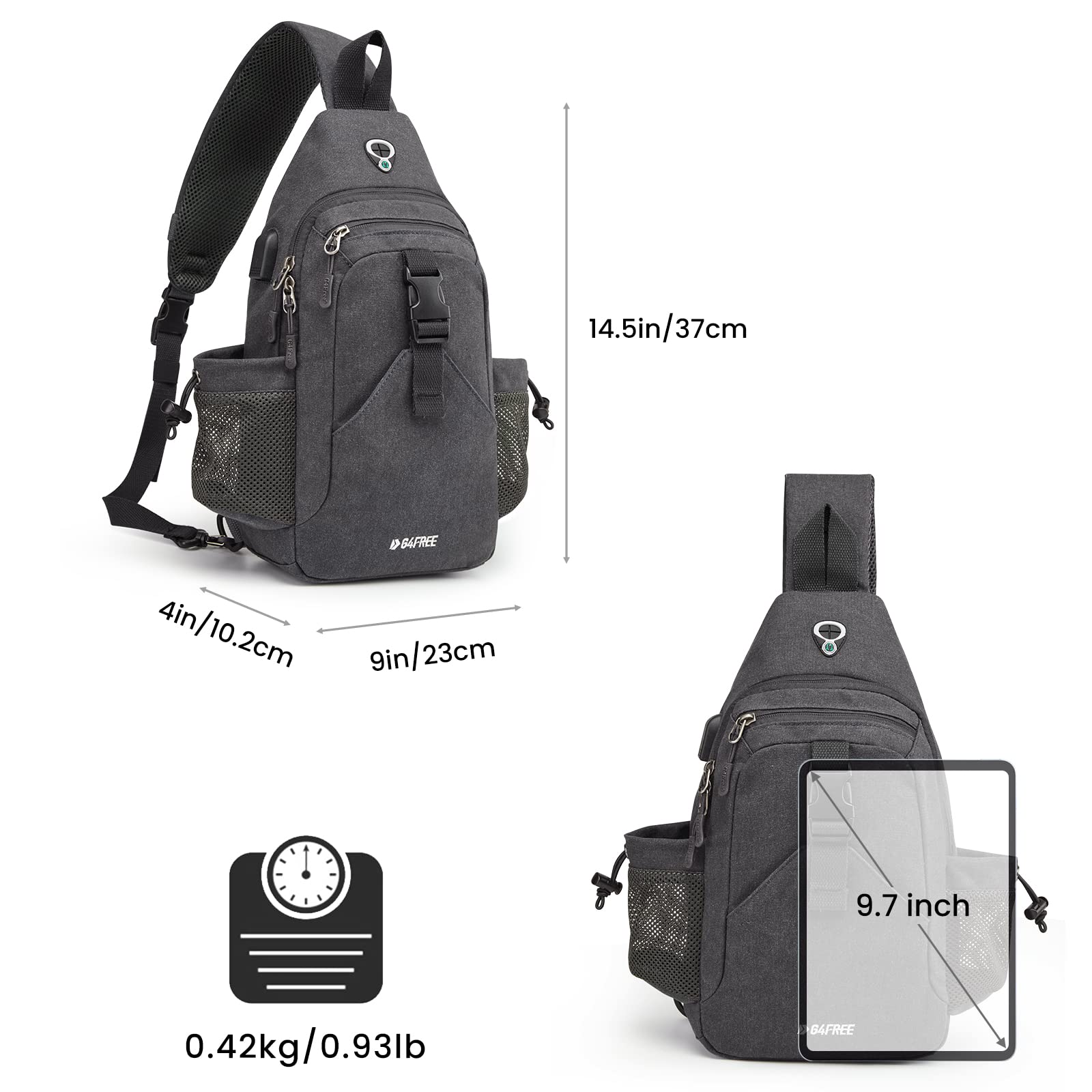 G4Free G4Free Canvas Sling Bag Crossbody Backpack with USB Charging Port & RFID Blocking